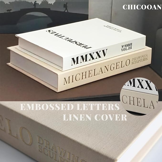 4-in-1 Decorative Books Set, Coffee Table Books Decor, 2 Linen Fake Book Boxes with Wood Tray, Bead Garland for Decoration, Bookshelf Boho Neutral Aesthetic Decor