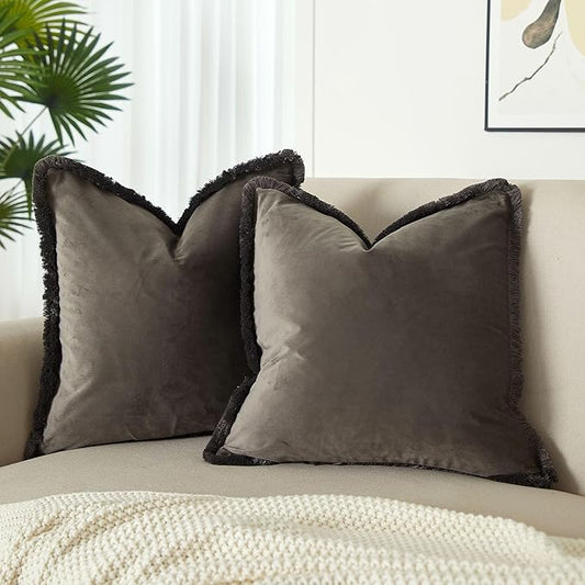 JUSPURBET Pack of 2 Ash Decorative Fringe Velvet Throw Pillow Covers 16x16 for Home Decor Living Room Bedroom Car Boho Soft Cushion Cover with Hidden Zipper Machine Washable