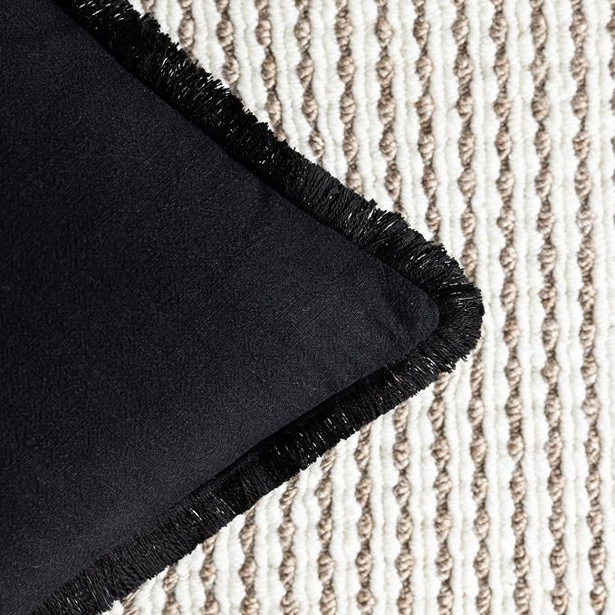 Foindtower Set of 2 Decorative Linen Fringe Throw Pillow Covers Cozy Boho Farmhouse Cushion Cover with Tassels Soft Accent Pillowcase for Couch Chair Sofa Bed Living Room Home Decor,18×18 Inch,Black