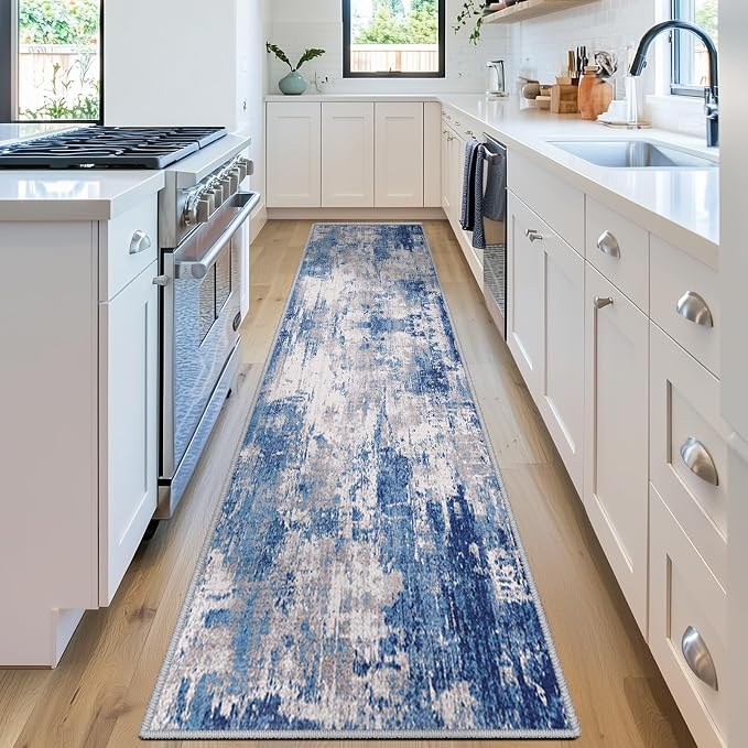 RELEANY Washable Area Rugs 2'x8' Non-Slip Modern Abstract Soft for Living Room Entryway Bedroom Kitchen, Print Pattern, Blue Grey Navy Gray