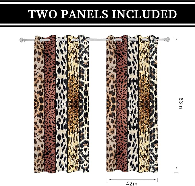 Wild Animal Print Curtain, Room Darkening Thermal Insulated Blackout Leopard Boa Window Drapes with Grommets for Living, Dining, Bedroom, Brown Leopard Print, 42"x 63", 2 Panels