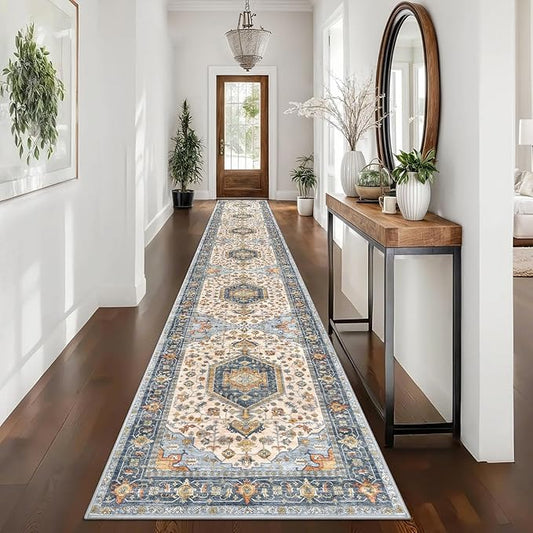 KUTA Washable Runner Rug 2.6x16, Non-Slip 16ft Extra Long Hallway Kitchen Rugs, Ivory Blue Soft Printed Oriental Medallion 16ft Stair Runners Indoor for Bedroom Entryway