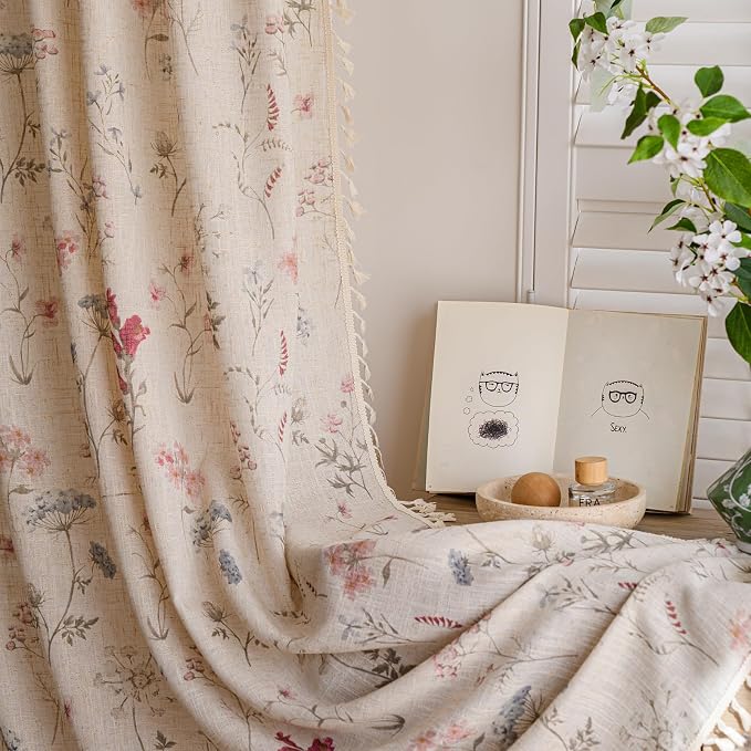 OYX Boho Floral Curtains 63 Inch Length 2 Panels, Linen Farmhouse Curtains Light Filtering Drapes with Tassels for Bedroom Living Room, Vintage Rustic Printed Rod Pocket