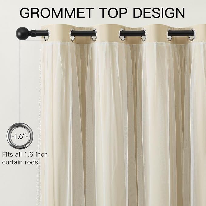 XiDi Full Blackout Beige Curtains with Sheer Overlay for Bedroom Living Room 2 Panels 96 Inches Long Double Layer Curtains for Kids Nursery Girls Light Block Room Darkening Grommet Drapes W52 x L96