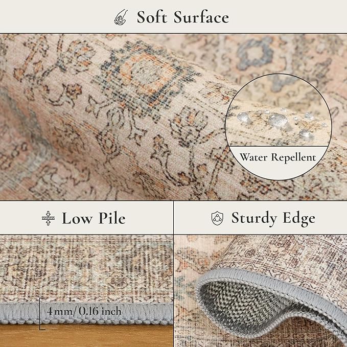 GENIMO 8x10 Area Rugs for Living Room, Machine Washable Non Slip Vintage Rugs, Low Pile Lightweight Chenille Print Rug for Bedroom, Dining Room, Home Office, Oatmeal Beige