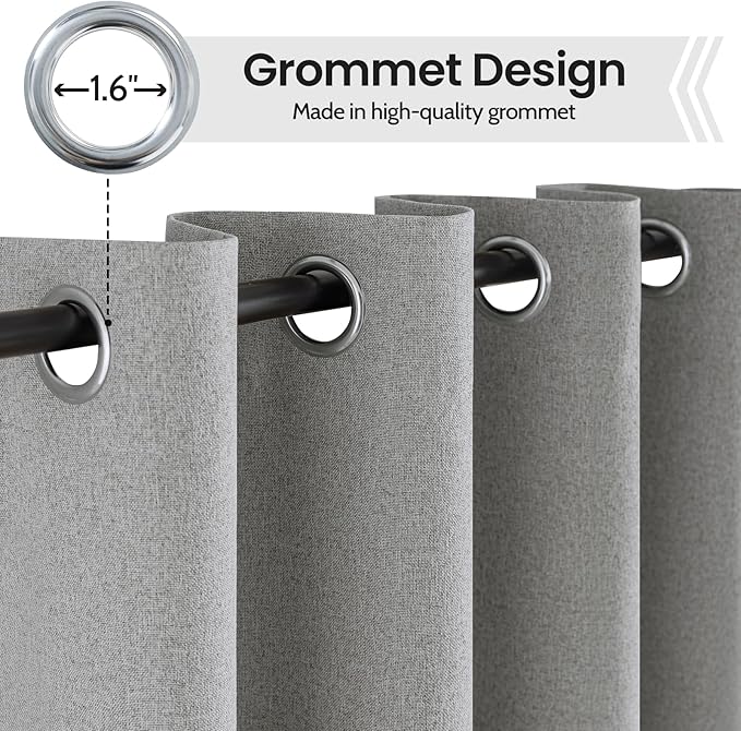 COSVIYA 100% Blackout Dove Grey Linen Curtains & Drapes 96 Inch Length 2 Panels Set, Full Room Darkening Grommet Insulated Thermal Window Panels for Bedroom/Living Room,52x96 inches