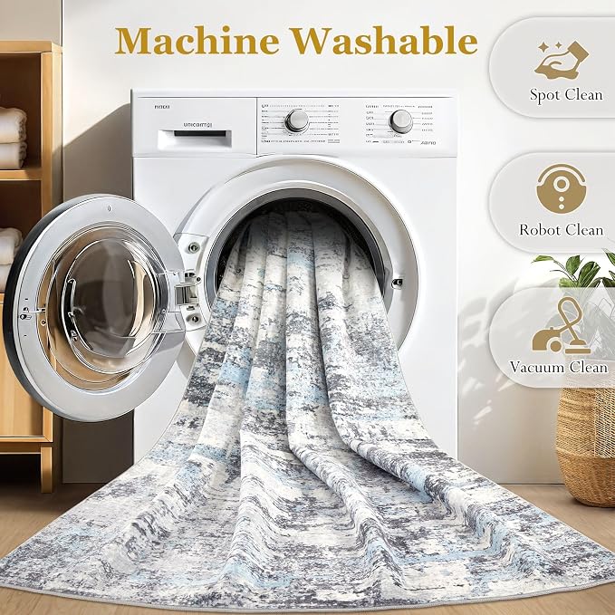 Area Rugs for Living Room: 4x6 Abstract Washable Rug Modern Neutral Large Soft Stain Resistant Non-Slip Backing Machine Table for Bedroom Dining Room Indoor Home Office Carpet - Blue Grey