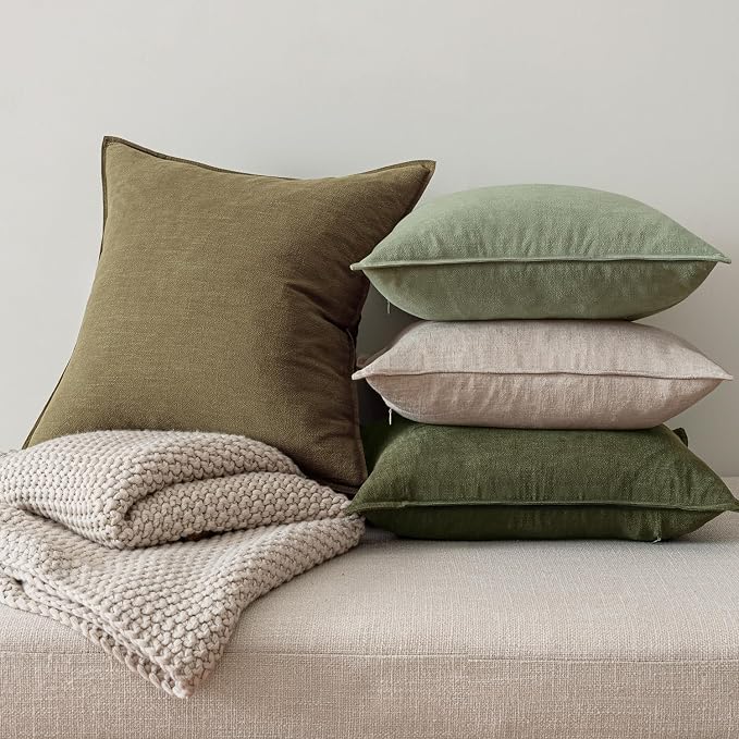 MIULEE Green and White Boho Linen Pillow Covers 18x18 Inch Pack of 4 | Natural Throw Pillow Covers Soft Farmhouse Couch Pillowcases Modern Decor for Living Room Bed Sofa