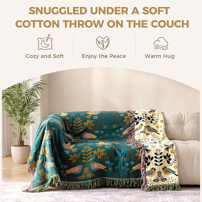 Queen Throw Blanket for Bed 100% Cotton Boho Soft Quilt Birds and Floral Double Embroidery Spring Breathable Bed Blanket,90"x90" Lightweight All Season Blankets for Bedding Couch Home Decor
