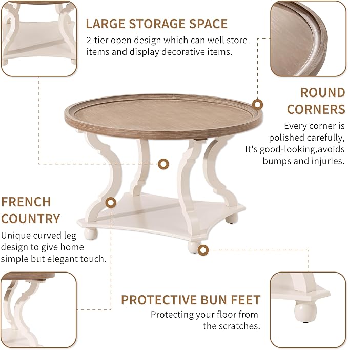 COZAYH Round Farmhouse Coffee Table, Wood Tray Top, White, Circle | Coffee Table with Storage, Rustic Coffee Table, Small Round End Table, Round Wood Accent Table