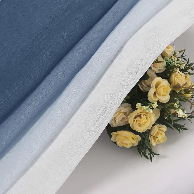 DWCN Blue Ombre Faux Linen Sheer Curtains - Extra Wide Gradient Semi Voile Grommet Top Bedroom and Living Room Curtains, 60 x 63 Inches Long, Set of 2 Window Curtain Panels, Denim Blue