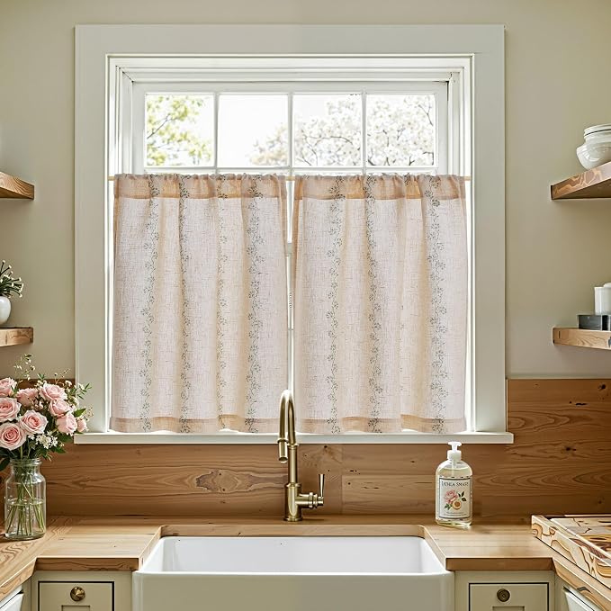 jinchan Katy Linen Floral Kitchen Curtains 30 Inches Length Stripe Cafe Curtains Farmhouse Cottagecore Tier Small Window Drapes for Living Room Light Filtering Rod Pocket 2 Panels Sage Green on Linen