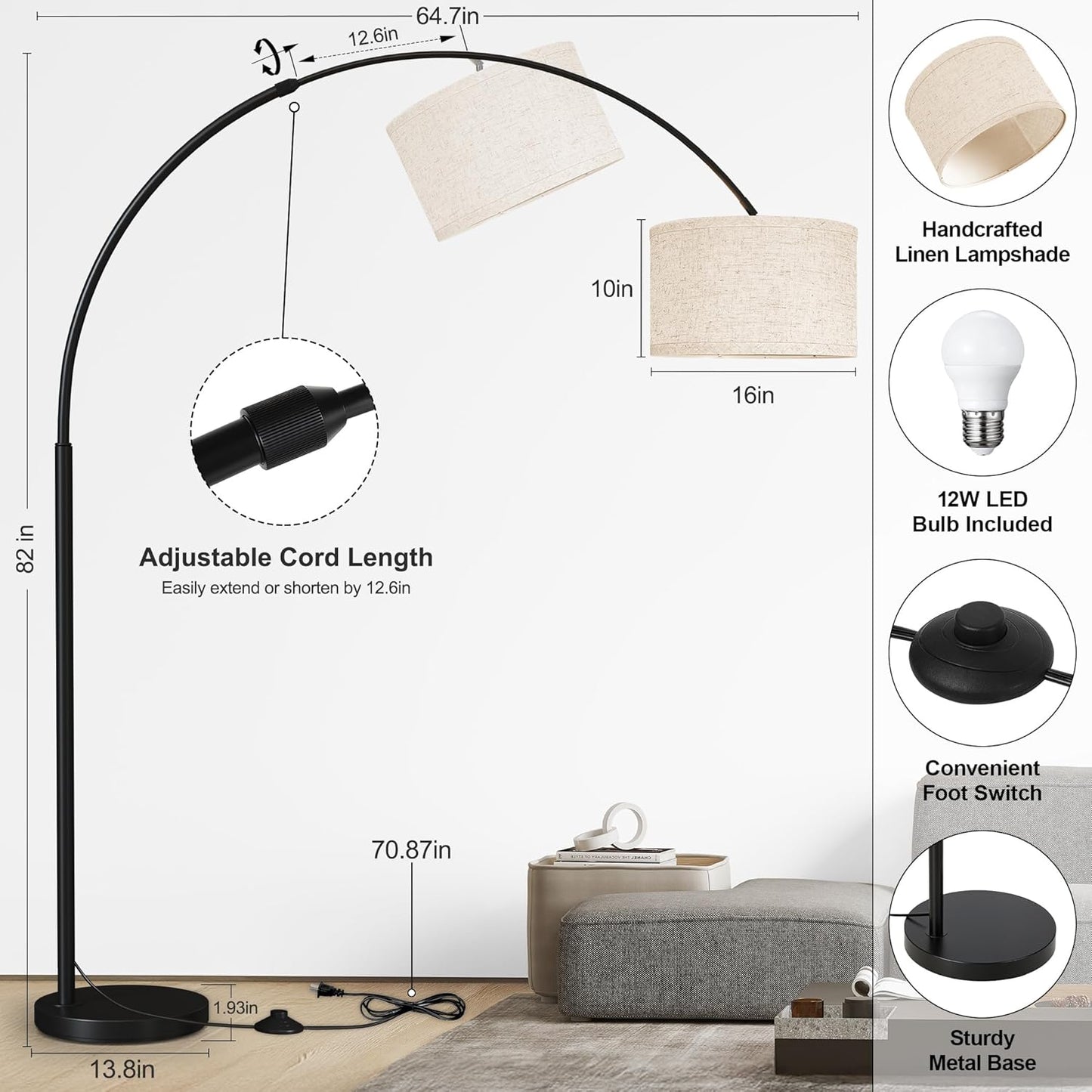 SUNMORY 82" Tall Arc Floor Lamp, Large Floor Lamp for Dinning/Bedrooms-Corner Lamp for Office