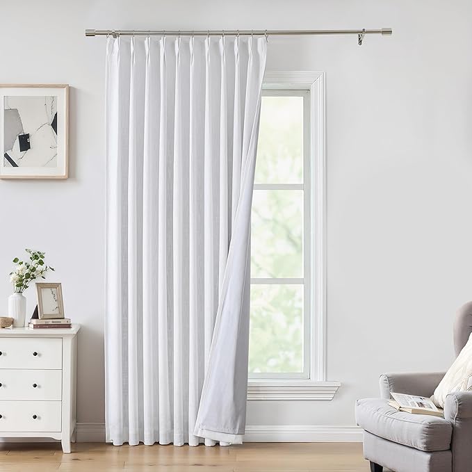 White Pinch Pleated Full Blackout Curtains Linen Texture Noise Reducing Window Treatment Panel 102 Inches Long for Living Room Bedroom Thermal Insulated Back Tab Drapes with Hooks, 1 Panel, 60"Wx102"L