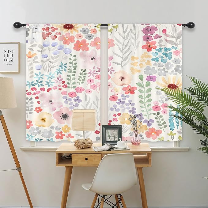 Riyidecor Colorful Floral Kitchen Curtains Short Small Pink Cute Boho Wildflower Trendy Watercolor Plant Leaves Botanical Rod Pocket Girls Bedroom Living Room Treatment Fabric 2 Panels 27.5Wx39H Inch