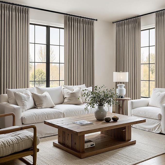 96 Inches Long Pinch Pleated Semi Sheer Curtains,Burlywood Blended Light Filtering Window Curtains 96 Length for Living Room Bedroom Pinch Pleat Drapes with Hooks 2 Panels 72" Wx96 L