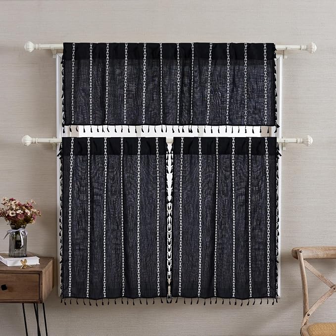 RoomTalks Black Boho Kitchen Valances for Windows, 18’’L x 52’’W Gothic Moody Striped Farmhouse Vintage Country Cottage Textured Tassel Curtain Valances for Bathroom Living Room
