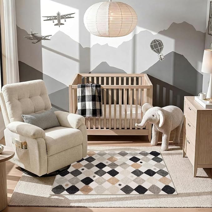 jinchan Macy 3x5 Area Rug for Kids Room Black and White Modern Colorful Checkered Diamond Nursery Rug Indoor Washable Soft Non Slip Carpet for Playroom Classroom Bedroom Living Room Marble on Cream