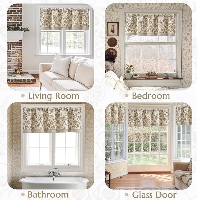 jinchan Linen Valance Kitchen Curtain for Windows Double Layer 16 Inch for Living Room Bedroom Window Treatment Light Filtering Vintage Rustic Farmhouse Cottagecore Rod Pocket 1 Panel Taupe on Beige