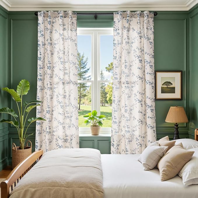 jinchan Blue Floral Linen Curtains 84 Inch Country Drapes Back Tab 2 Panels | Blue on beige, light filtering, semi sheer, farmhouse, rustic, privacy, bedroom, living room, laundry, window treatment
