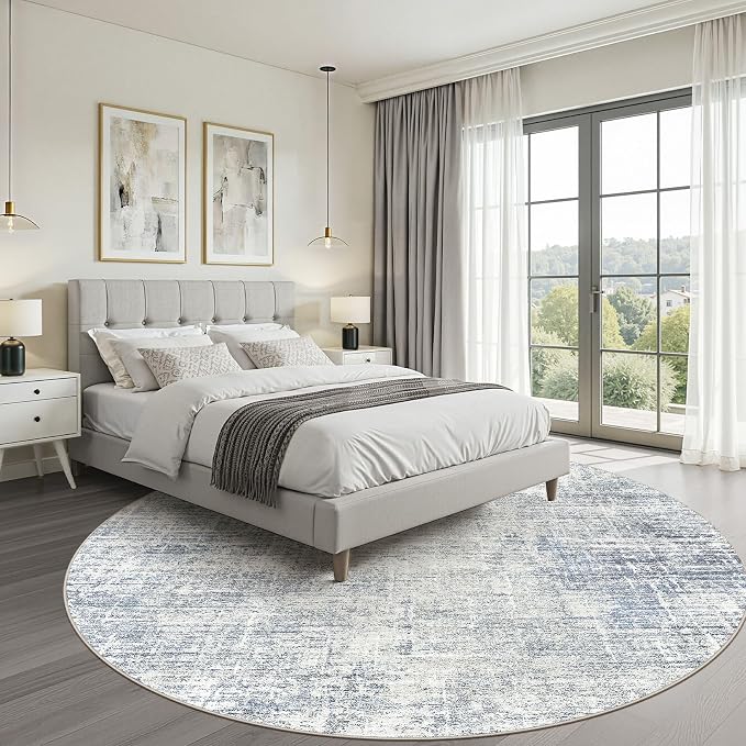 8ft Round Rug Living Room: 8x8 Washable Large Neutral Blue Circle Area Rug Abstract Soft Modern Stain Resistant Indoor Floor Non-Slip Carpet for Bedroom Nursery Kids Office Playroom Dining Room