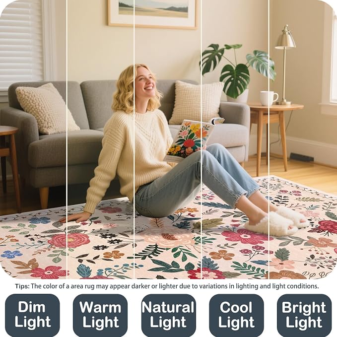 5x7 Area Rugs for Living Room Clearance Washable Boho Area Rug, Vintage Floral Non Slip Low Pile Large Rug for Living Room, Bedroom, Dining Room, Farmhouse (5 x 7 Beige Red)
