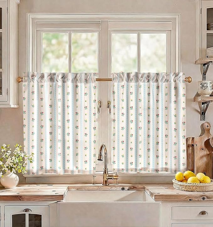 Miss Adola Farmhouse Kitchen Tier Curtains - 30 Inch Length Linen Blend Boho Cafe Curtains Blue Floral Small Window Treatments Over Sink Rod Pocket for Bathroom Living Room Light Filtering, 2 Panels
