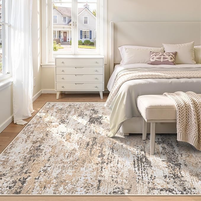 6x9 Area Rugs for Living Room: Washable Abstract Neutral Rug Modern Soft Non Slip Low Pile Rugs Floor Indoor Stain Resistant Carpet for Bedroom Dining Room Nursery Home Office (Light Brown, 6'x9')