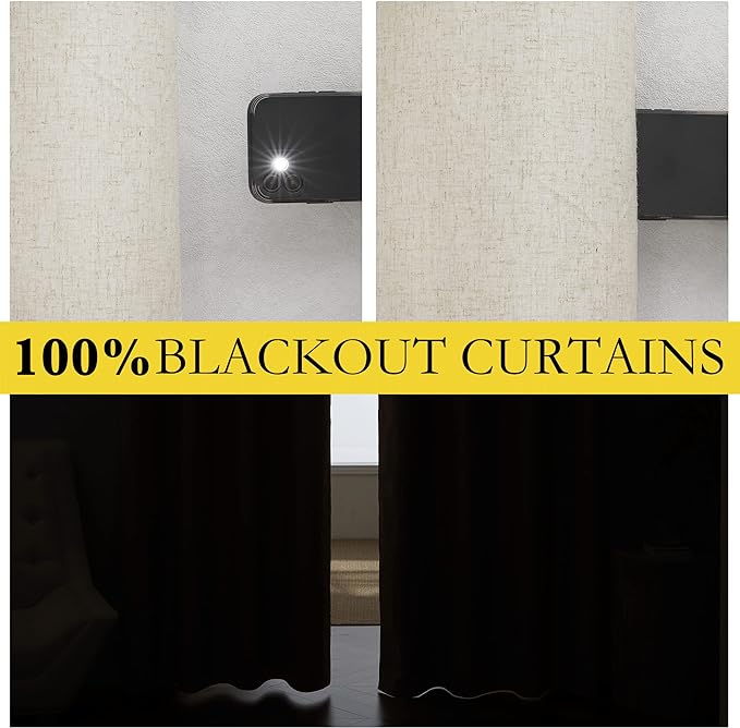 NICETOWN Farmhouse Style 100% Blackout Natural Linen Curtains 90 inches Length, 2 Panels, 42" W, Room Cooling Window Draperies with Thermal Insulated Liners for Dining Room