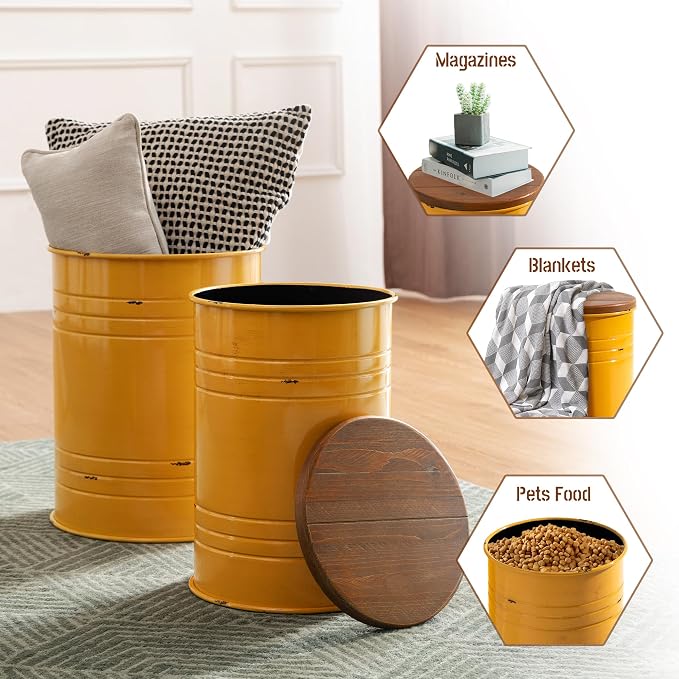 Glitzhome Rustic End Table Set of 2, Farmhouse Galvanized Metal Barrel Ottoman Storage Stool with Round Wood Lid for Living Room Furniture, Yellow