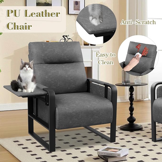 PU Leather Accent Chair, Modern Armchair with Foldable Table Upholstered Side Chairs for Living Room Bedroom Office Chair Grey