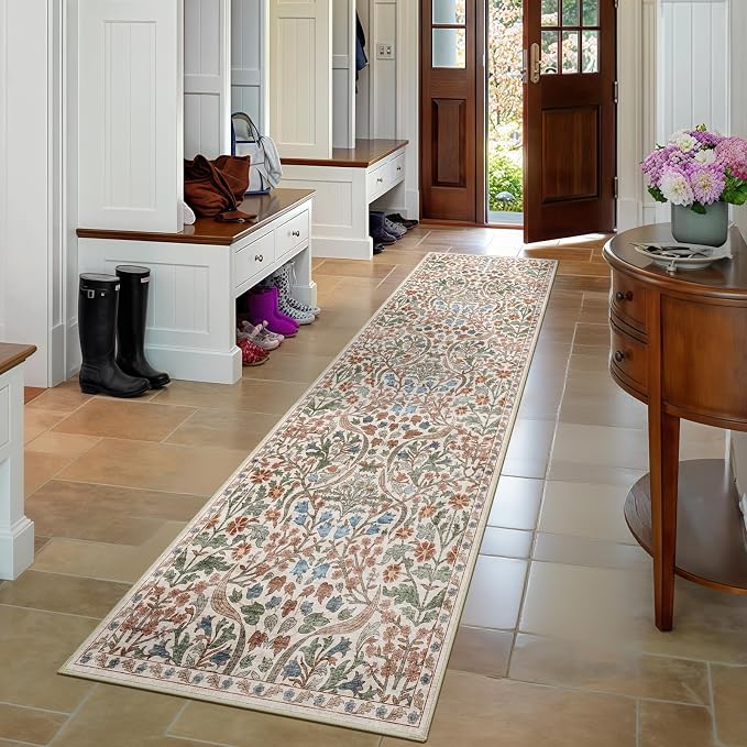 2.6x8 Machine Washable Runner Rug, Kitchen Hallway Area Rug Beige Vintage Boho Floral Ultra Non-Slip Low Pile Soft Faux Wool Carpet Kids and Pets Friendly for Bedroom Entryway Nursery Decor Rug