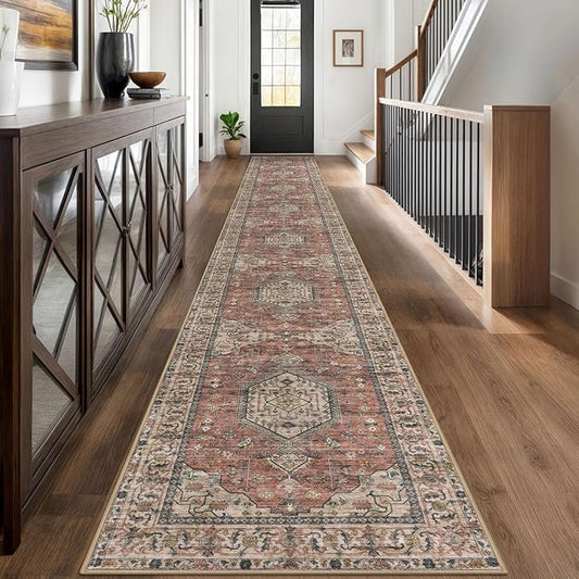 KUTA Extra Long Runner Rug for Hallway 2.6x18ft, Oriental Washable Kitchen Rugs, Terracotta Non-Slip Stair Runners Indoor Soft Printed Vintage Medallion Carpet for Bedroom Living Room Nursery
