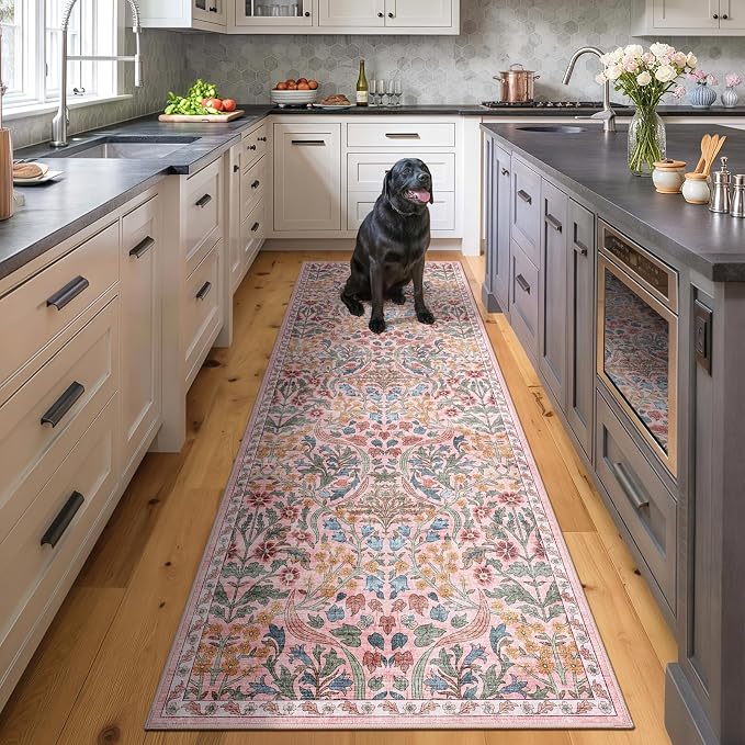 2x6 Machine Washable Runner Rug, Kitchen Hallway Area Rug Pink Vintage Boho Floral Non-Slip Low Pile Soft Faux Wool Carpet Kids and Pets Friendly for Bedroom Entryway Nursery Home Decor Rug