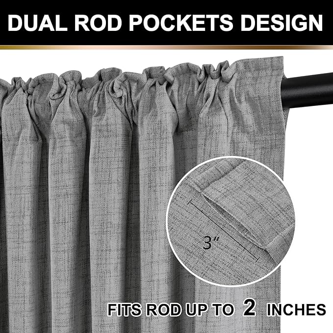 100% Blackout Shield Full Blackout Curtains for Bedroom 63 inch Length 2 Panels Set, Clip Rings/Rod Pocket Faux Linen Black Out Curtains for Living Room, Thermal Insulated, 50Wx63L, Grey