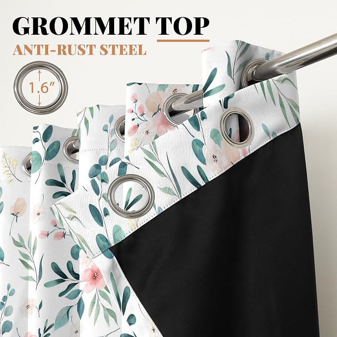 Renaiss Leaf Curtains Green Leaves Print Blackout Window Curtains for Bedroom Botanical Plants Grommet Top Room Darkening Window Drapes for Living Room 53W x 84L Inch Two Panel Set