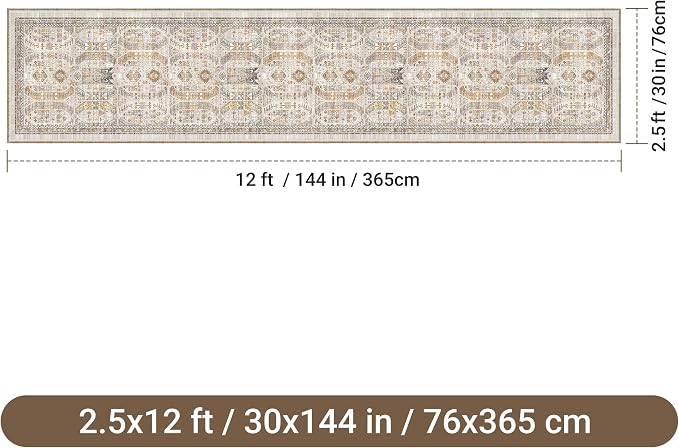2'6" x 12'Non Slip Runner Rugs - Runners for hallways, Kitchen,Entryway,Stain Resistant Washable Rugs for Bedroom, Indoor Vintage Area Rugs (Brown/Gold,2'6" x 12')