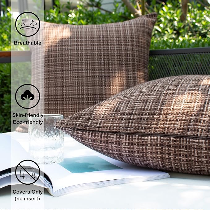 Kevin Textile Pack of 2 Decorative Outdoor Waterproof Throw Pillow Covers Lumbar Pillowcases Modern Cushion Cases for Patio Couch Bench 12 x 20 Inch Brown