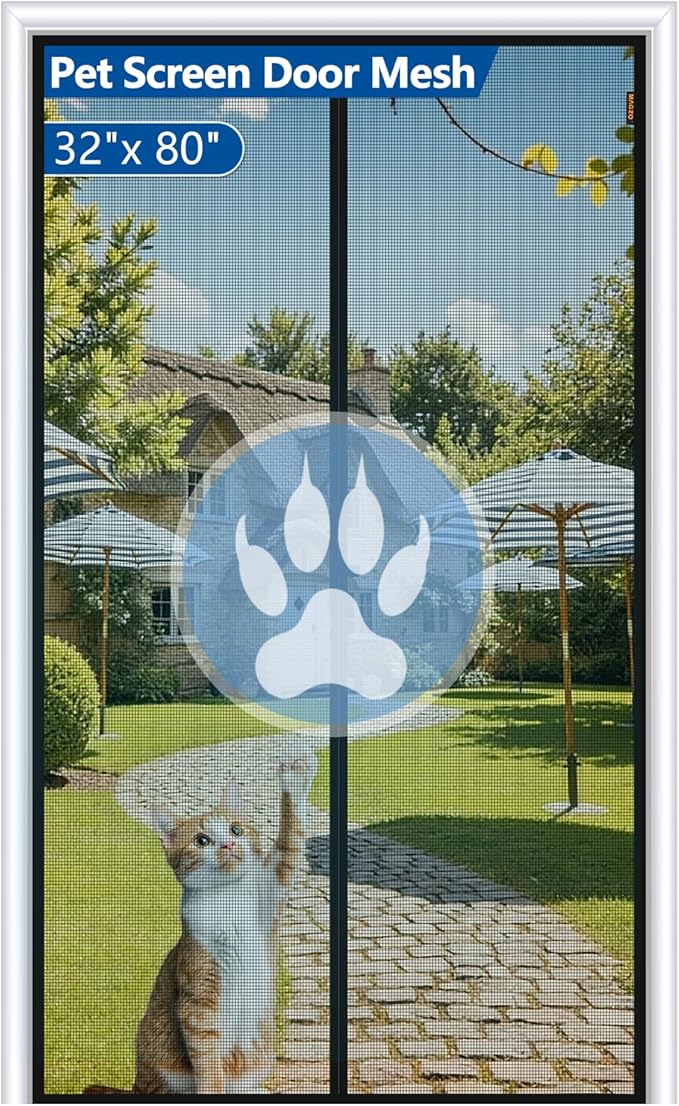MAGZO Upgraded Magnetic Screen Door Thicker 250g/m² Pet Screen Door Mesh Fit Door Size 32 x 80 Inch, Mesh Size 34" x 81", Heavy Duty Cat Resistant Mesh for Front/Back/Sliding/Patio Door