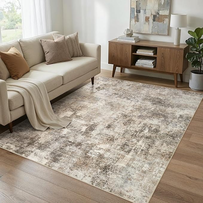 WITSHOCK Area Rugs 6x9 Living Room Rug - Washable Neutral Soft Low Pile Non-Slip Modern Abstract Thin Large Indoor Carpet for Bedroom Dining Room Nursery Office - Dark Brown