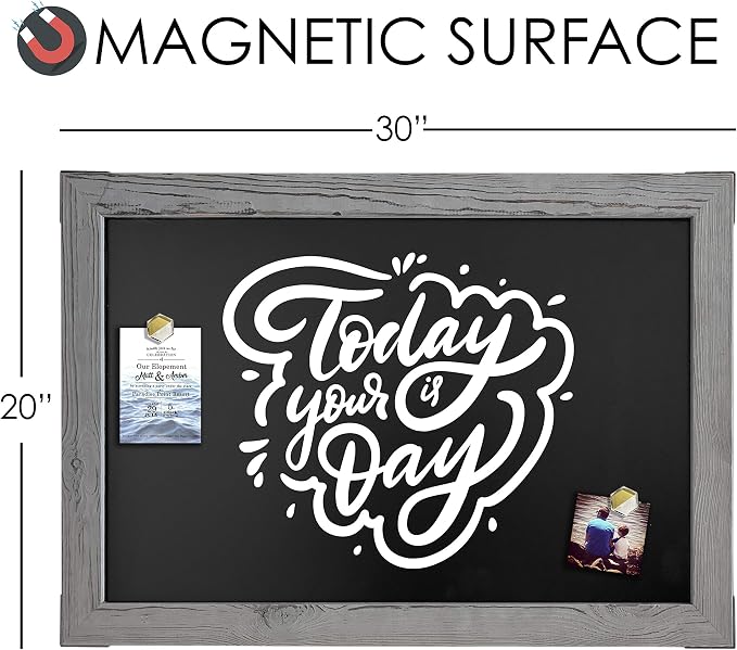 Loddie Doddie Magnetic Chalkboard - 20" x 30", Gray Rustic Wood Frame - Magnet Board for Wall - Chalkboard Signs & Magnet Display - Menu Board for Kitchen & Chalk Calendar for Wall