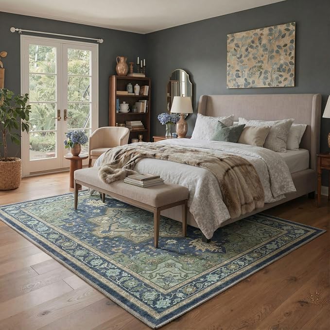 GENIMO Area Rug 2x3 Doormat, Machine Washable Low Pile Rugs, Small Retro Entryway Mat for Entrance, Hallway, Kitchen and Corridor, Green & Navy
