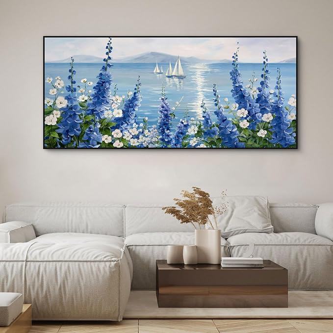 XLSJERST Coastal Painting Picture - Extra Large 70x31 Inches Sailboat Wall Art Nautical Flower Blue Canvas Print Framed Artwork for Living Room Bedroom Home Decoration