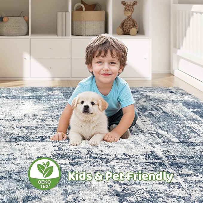 7x9 Area Rug Living Room: Washable Large Abstract Modern Soft Rug Stain Resistant Indoor Non-Slip Carpet for Bedroom Dining Room Nursery Kids Playroom Office Home House- Blue White