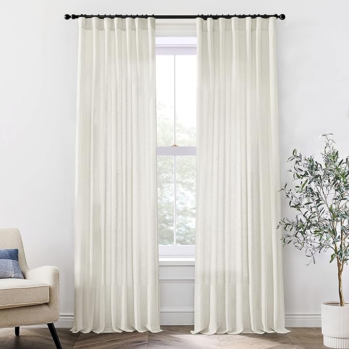 XTMYI 108 Inch Linen Curtains, Extra Long Ceiling Curtain for Track System with Hooks, Sheer Light Filitering 9FT 9 FT Curtains for Living Room Bedroom, Set of 2 Panel, Cream