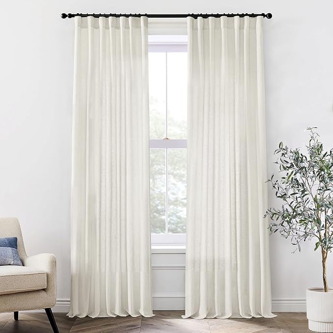 XTMYI 120 Inch Long Linen Curtains,10 FT Back Tab Hooks Belt for Rail Track, Light Filtering Semi Sheer Tall Window High Ceiling Drapes for Living Room, 50”W x 120“L 2 Panels, Cream