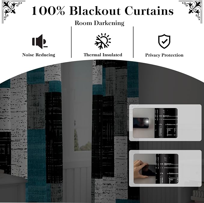 Tyrot Rustic Blue Grey 100% Blackout Curtains for Bedroom 63 inch Long 2 Panels Set Gray Modern Abstract Geometric Black Out Curtains Insulated Room Darkening Window Drapes for Living Room, 52Wx63L