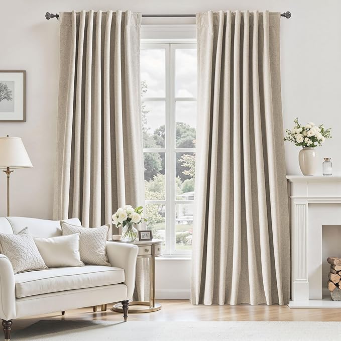 UHITECH Blackout Curtains 42 Inch Length 2 Panels Set for Bedroom Oatmeal Linen Textured Thermal 100% Black Out Curtain for Living Room with Back Tab Rod Pocket Track System