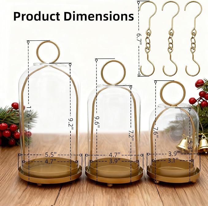 3 Pack Metal Candle Holders with Glass Dome, 5.5" & 4.7" & 3.9" Wide Gold Candlestick Holders Set, Versatile Hurricane Lanterns Candleholders for Pillar Candle, Decorative Glass Display Dome Stands