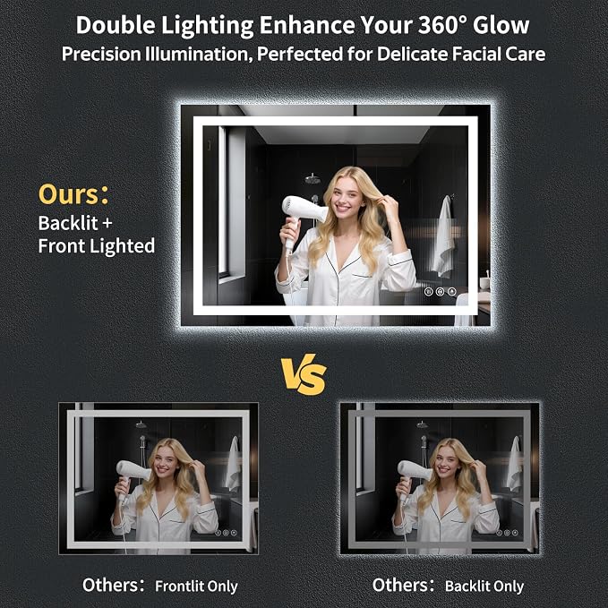 48"x36" LED Bathroom Mirror with Lights, Backlit + Front Lit with CRI>90, Lighted Mirror for Bathroom, Anti-Fog, Dimmable Brightness, 3 Colors, Memory Function, Shatterproof Tempered Glass